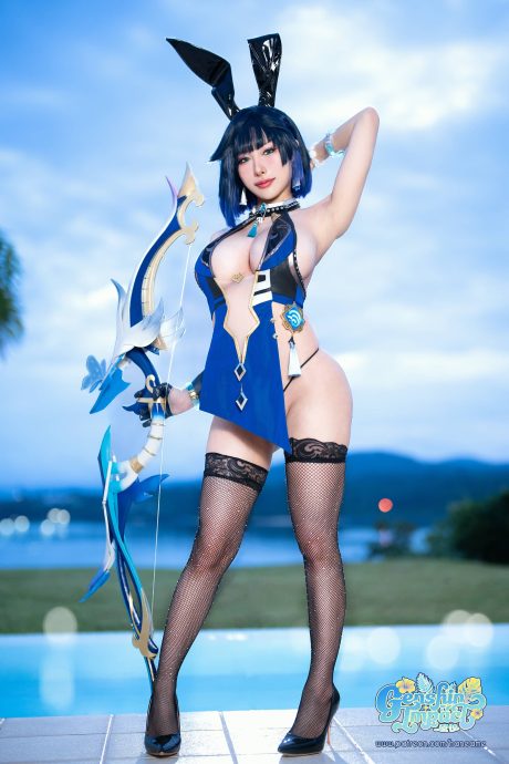 COS雨波_HaneAme还原原神夜兰,兔女郎元素结合冷艳特工造型