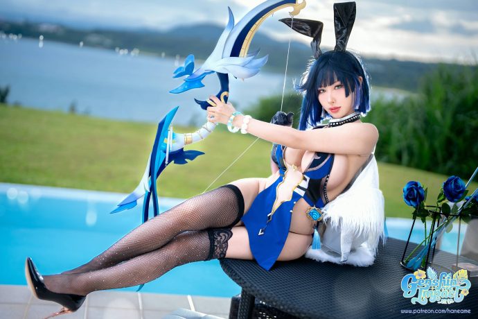 COS雨波_HaneAme还原原神夜兰，兔女郎元素结合冷艳特工造型