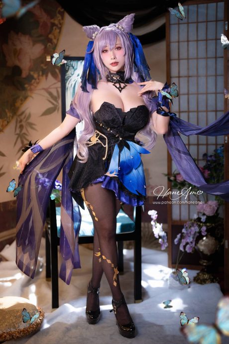 COS雨波_HaneAme还原原神刻晴,古典布景与紫色华服重现璃月玉衡星