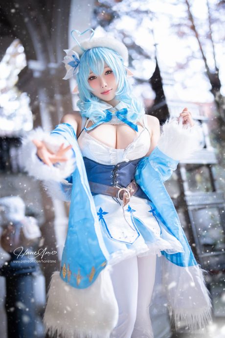 雨波_HaneAme演绎虚拟偶像雪花菈米COS,蓝白冬日装扮甜美温婉
