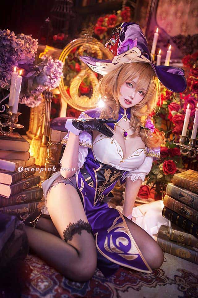 Mon夢_monpink原神丽莎COS 紫衣魔女造型还原书房场景