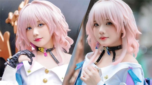 陈秋芳三月七COS写真：粉色短发造型还原《崩坏：星穹铁道》少女气质