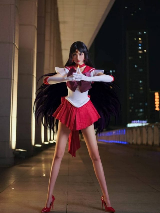 一米八的大梨子火野丽COS图集:乌黑长发与红白女祭司服,还原美少女战士的冷冽气质
