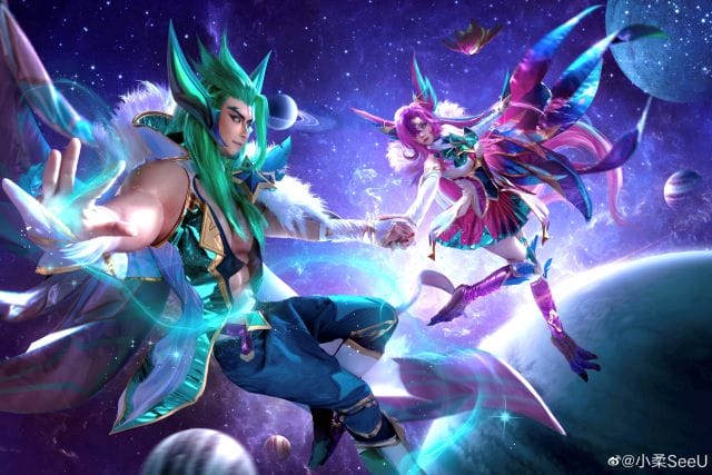 小柔SeeU与W小小白W合作星之守护者霞洛双人COS 紫粉星光下的英雄联盟情侣还原