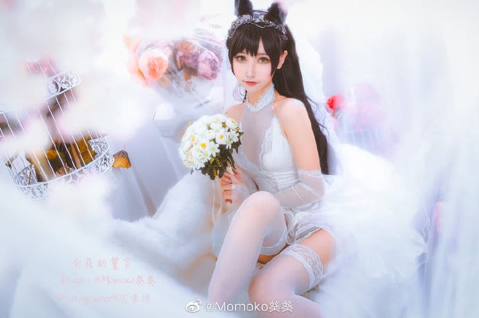 Momoko葵葵COS碧蓝航线爱宕婚纱换装白花的誓言,黑发兽耳配白色婚纱