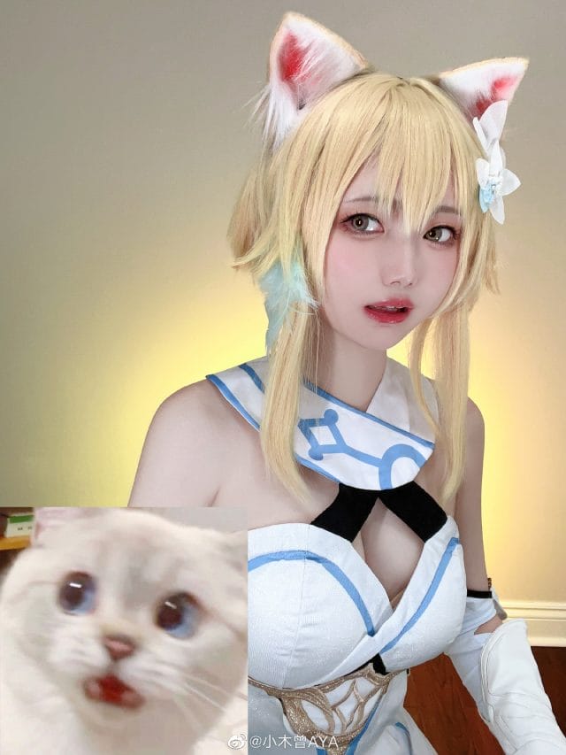 小木曾AYA COS原神荧写真:猫耳头饰加持下的软萌旅行者棚拍