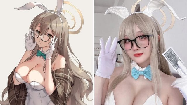 瓜希酱COS蔚蓝档案室笠朱音，白色兔女郎造型甜美又利落
