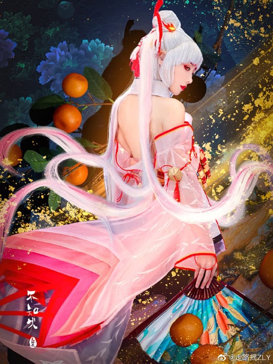 走路摇ZLY阴阳师不知火COS 白纱短裙配金箔道具演绎歌姬妩媚