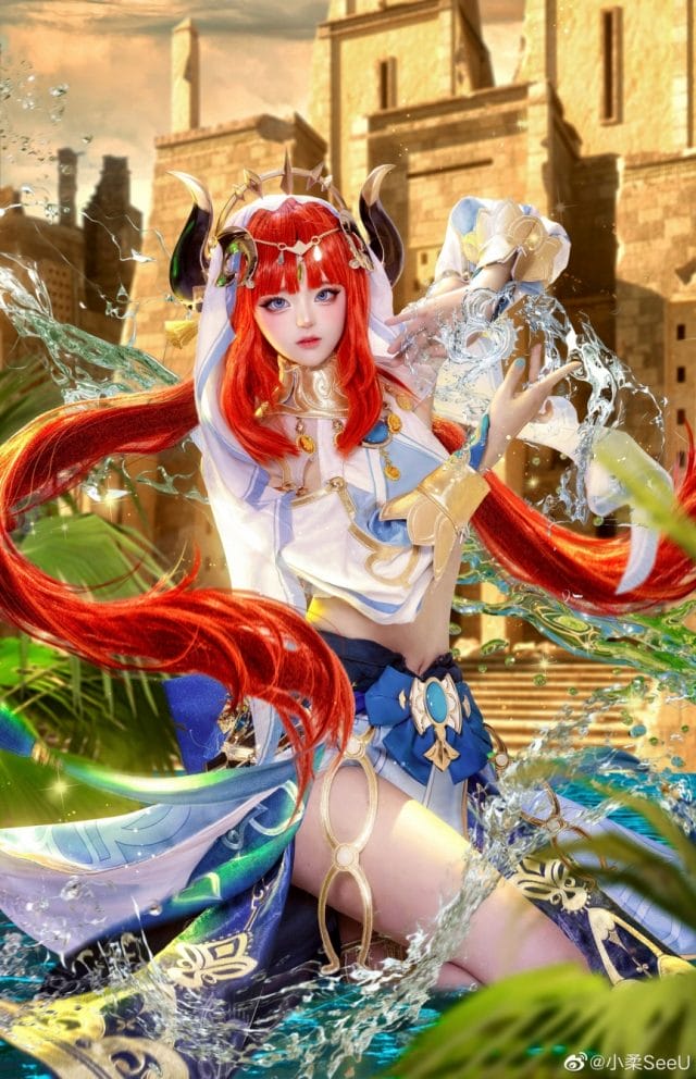 小柔SeeU原神妮露莲光落舞筵COS:翠瞳花冠与舞者动态的高还原图集