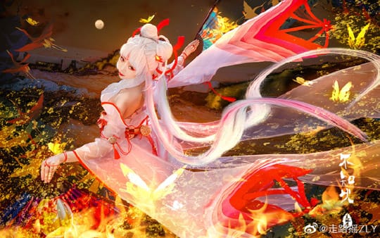走路摇ZLY阴阳师不知火COS 白纱短裙配金箔道具演绎歌姬妩媚