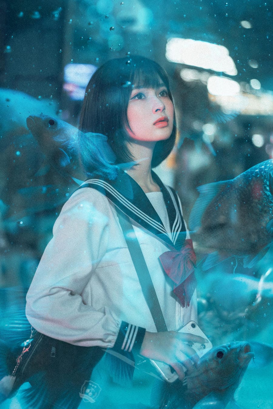 河豚抚子金鱼JK写真:水族馆蓝光下的短发少女与清透夏日氛围