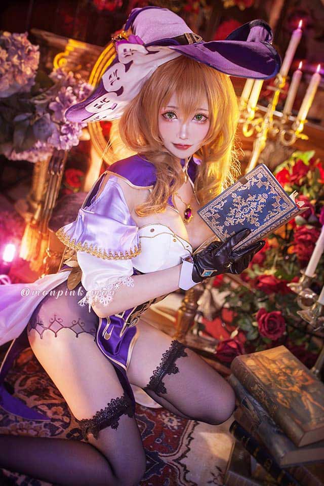 Mon夢_monpink原神丽莎COS 紫衣魔女造型还原书房场景
