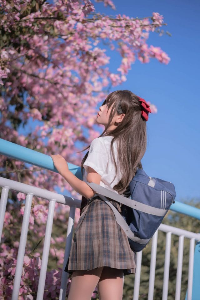萌芽儿o0异木棉花写真:人行天桥上的JK制服与粉色花海