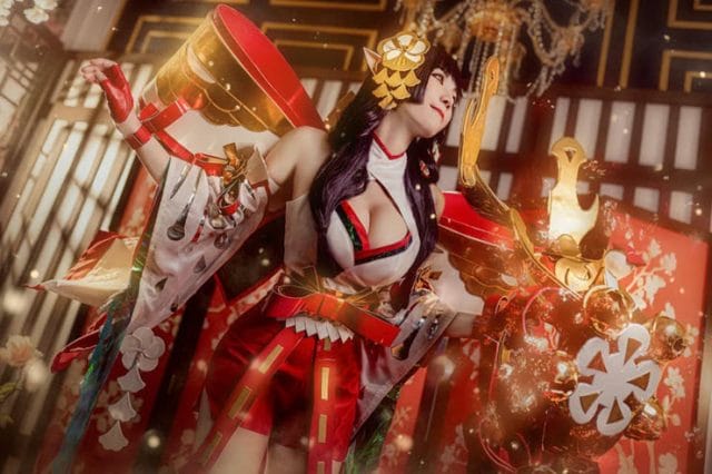 ArisaraKarbdecho传说对决狐灵巫女特尔安娜丝COS写真 红金配色梦幻还原