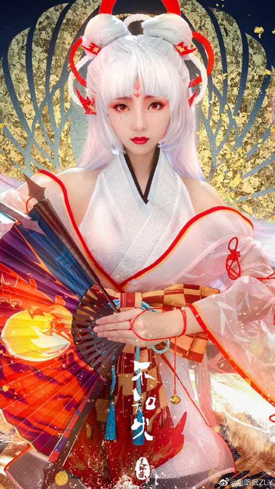 走路摇ZLY阴阳师不知火COS 白纱短裙配金箔道具演绎歌姬妩媚
