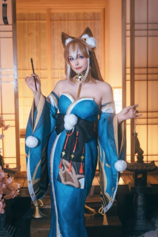 Dakki伊原神希娜COS 棕发猫耳和服还原稻妻NPC造型