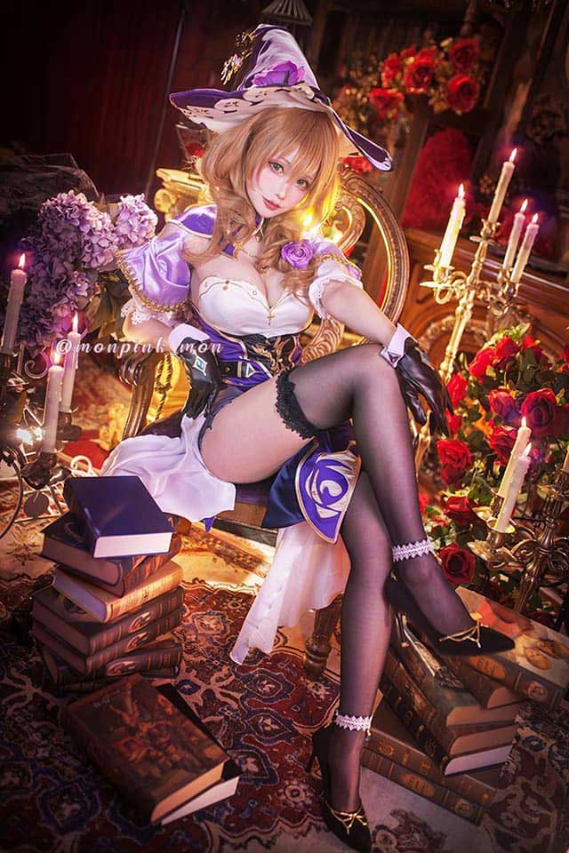 Mon夢_monpink原神丽莎COS 紫衣魔女造型还原书房场景