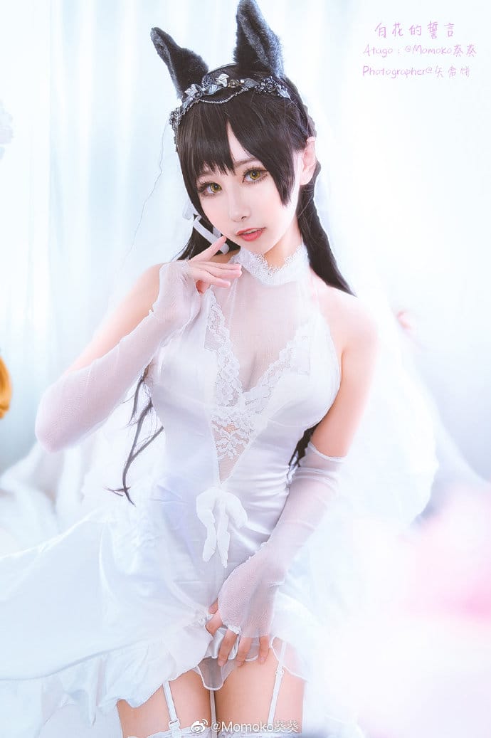 Momoko葵葵COS碧蓝航线爱宕婚纱换装白花的誓言,黑发兽耳配白色婚纱