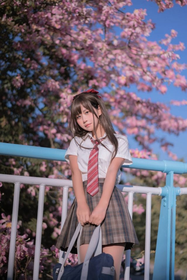 萌芽儿o0异木棉花写真:人行天桥上的JK制服与粉色花海